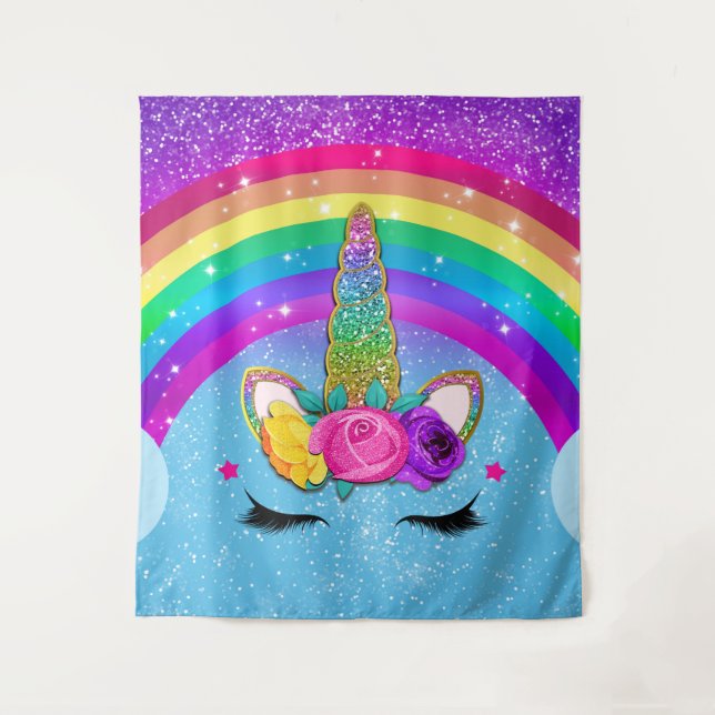 Tenture Rainbow Sparkle Glittery Unicorn Horn Face Girls (Devant)