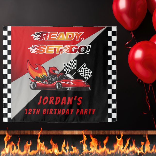 Tenture Red | Black Go Kart Racing Anniversaire (Red and Black Kid's Go Kart Racing Kid's "Ready, Set, Go!" Birthday Party Backdrop)