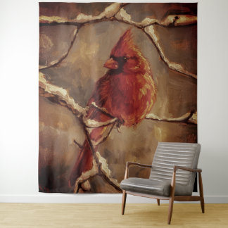 Tenture Red Cardinal Bird Oil Painting – Winter Branch