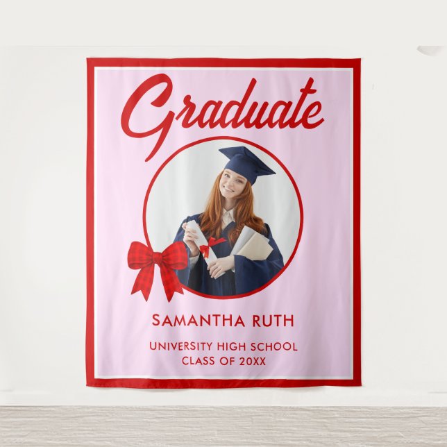Tenture Red Gingham Bow Photo Graduation Backdrop (Devant)
