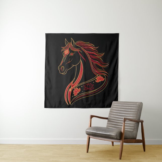 Tenture Red & Gold Horse with Lotus, Spiritual Symbolic  (En situation)