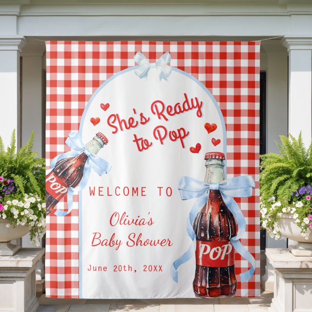 Tenture Red She's Ready to Pop Baby Shower Backdrop (Red & Blue She's Ready to pop baby shower decoration backdrop)
