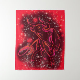 Tenture Red Tapestry Bull Courant À Starry Night