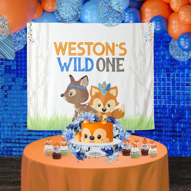 Tenture Renard et cerf Wild One Forest Trees Party Context (Personalized Tribal Forest Fox and Deer Woodland Wild One 1st Birthday Backdrop. 4 Sizes Available)