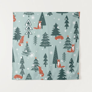 Tenture Renards, sapins, neige, dessinés à la main. Coulis