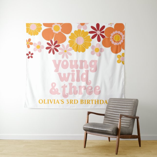 Tenture Retro Floral Young Wild Trois Anniversaire Bannièr (En situation (horizontale))