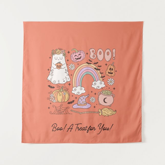 Tenture Retro Halloween Ghost Citrouille Spider Web Witder (Devant)