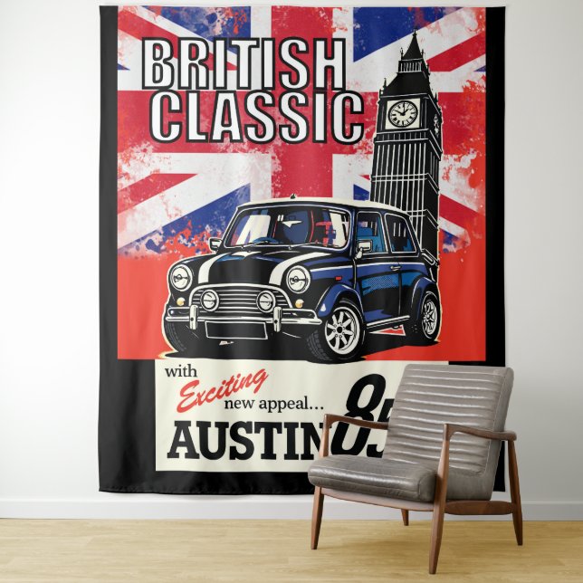 Tenture Rétro Pop Art avant des voitures classiques britan (En situation)