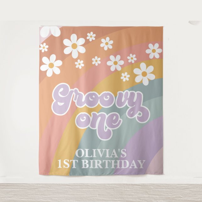 Tenture Rétro Rainbow Groovy One 1er Anniversaire (Devant)