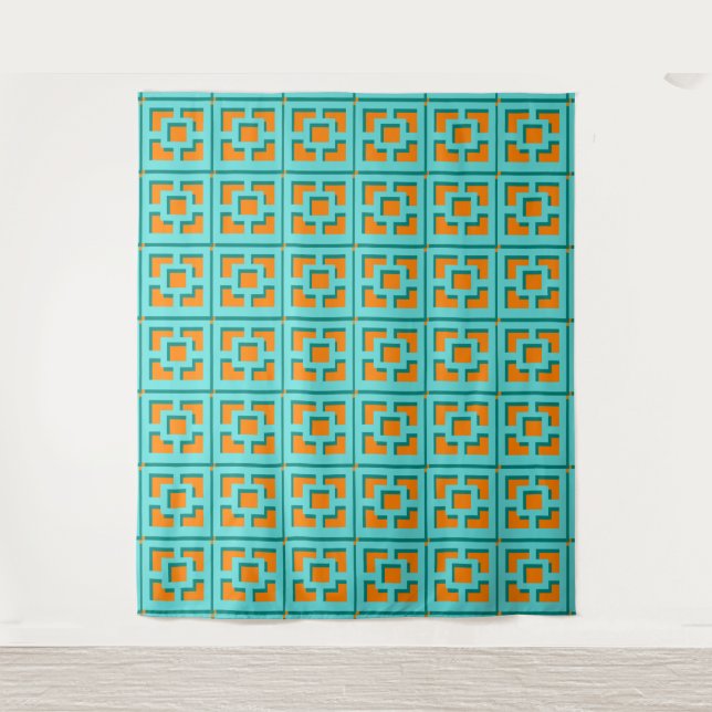 Tenture Retro Turquoise and Orange Trellis Tapestry (Devant)