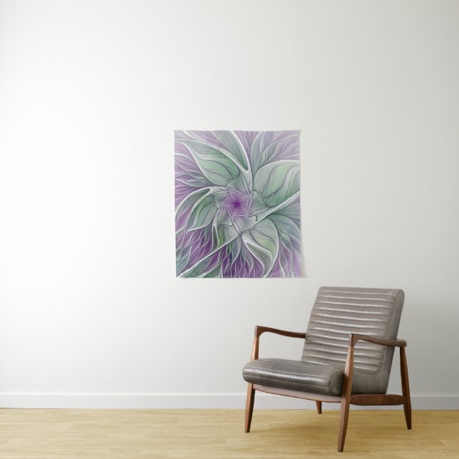 Tenture Rêve de fleurs, Abstrait violet vert Fractal Art (En situation)