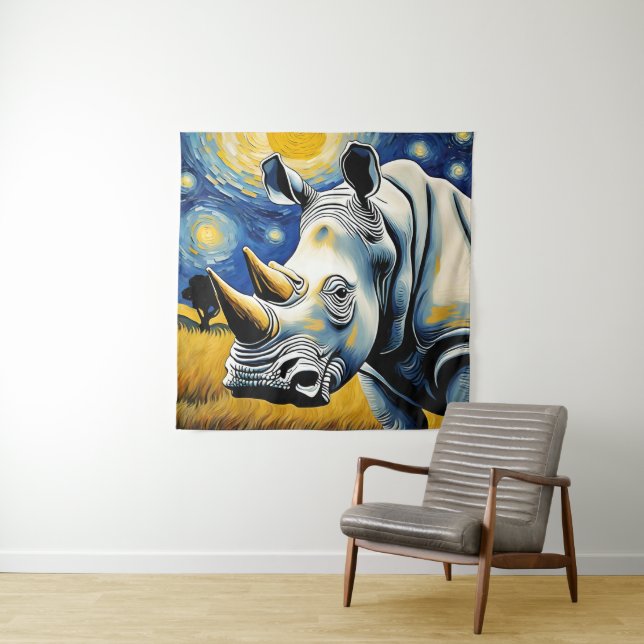 Tenture Rhinocéros dans la Nuit Étoilée (En situation)