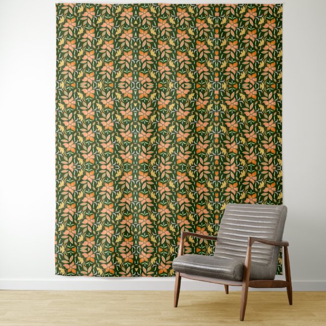 Tenture Rich Floral Pattern: Peach Flowers and Green Leave (En situation)