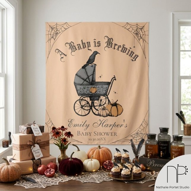 Tenture Rideau de douche pour bébé gothique en préparation (Hand drawn gothic Halloween baby shower backdrop ink art with a chic noir theme)