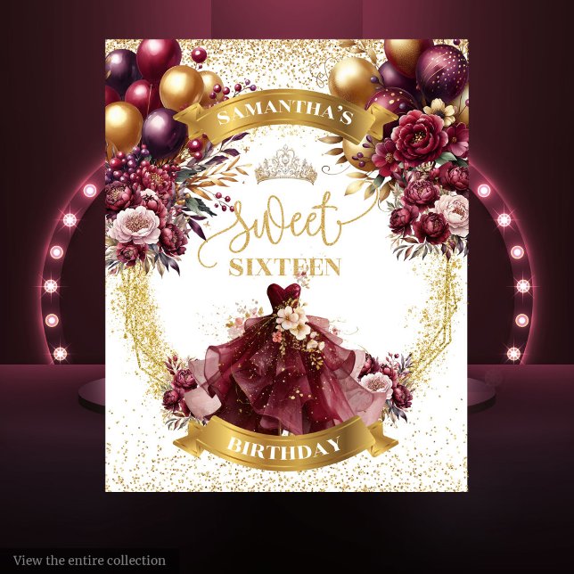 Tenture Robe Bourgogne Sweet sixteen fond Or étincelle (Burgundy Dress Sweet Sixteen Backdrop Gold Sparkle)