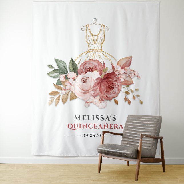 Tenture Robe Fausse Or Florale Quinceanera 15e Anniversair (En situation)