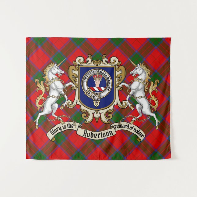 Tenture Robertson Clan Badge & Unicorns w/Tartan  (Devant (Horizontal))