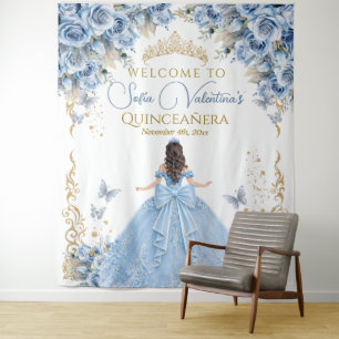 Tenture Robes de Luxe Bébé Bleu Or Quinceanera Bienvenue