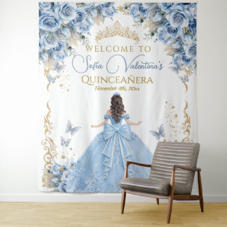 Tenture Robes de Luxe Bébé Bleu Or Quinceanera Bienvenue
