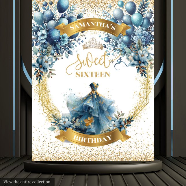 Tenture Robes de soirée aquarelle Blue Gold Sweet Sixteen  (Blue Gold Sweet Sixteen Watercolor Dress Party Tapestry)