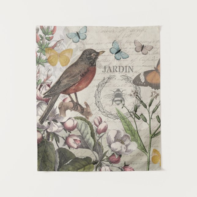 Tenture Robin Elegant Bird Butterfly French Art (Devant)