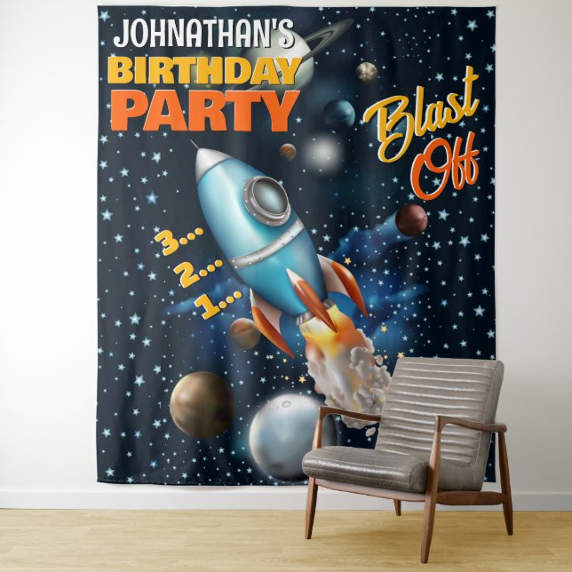 Tenture Rocketship Space Adventure Anniversaire de enfant  (En situation)