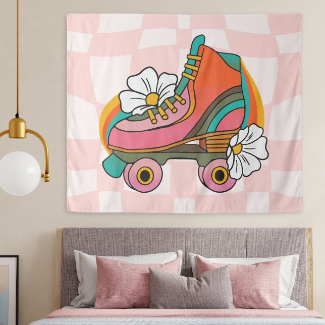 Tenture Roller rétro groovy années 60 Hippie Arc-en-ciel (Groovy roller skate retro tapestry hippie wall hanging pink checkered print, college dorm room decor)