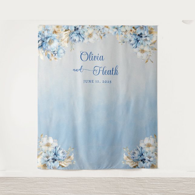 Tenture Romance Bleu Floral avec Or (Devant)