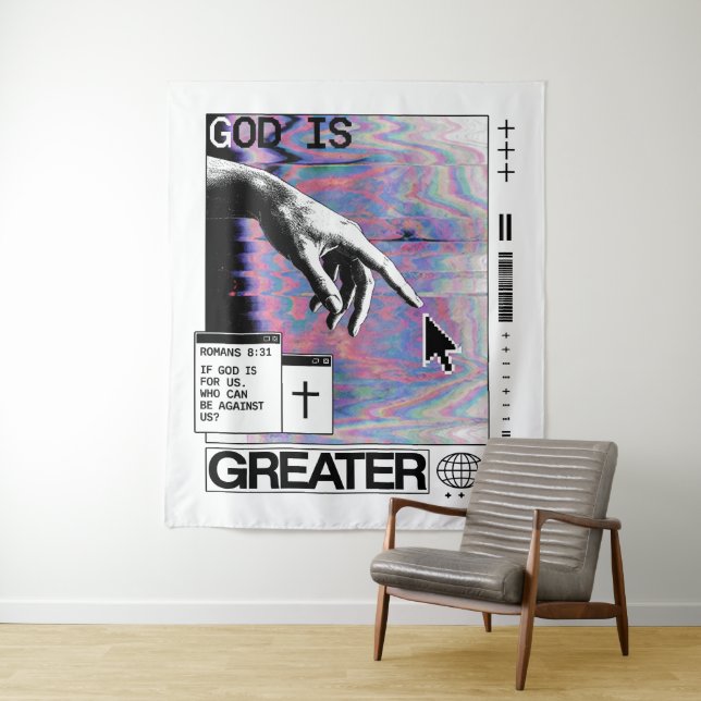 Tenture Romans 8:31 Cyberpunk Main de Dieu Glitch Art (En situation)