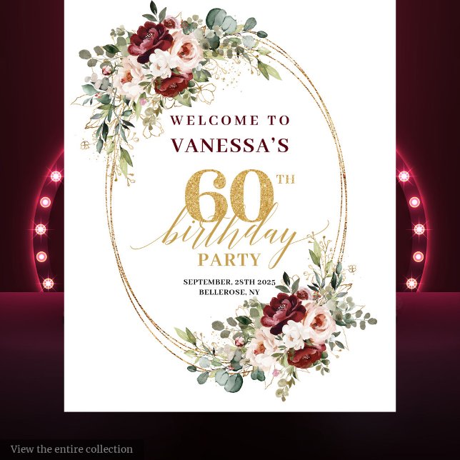 Tenture Romantic Burgundy Gold Floral 60th Birthday Banner (Romantic Burgundy Gold Floral 60th Birthday Banner)