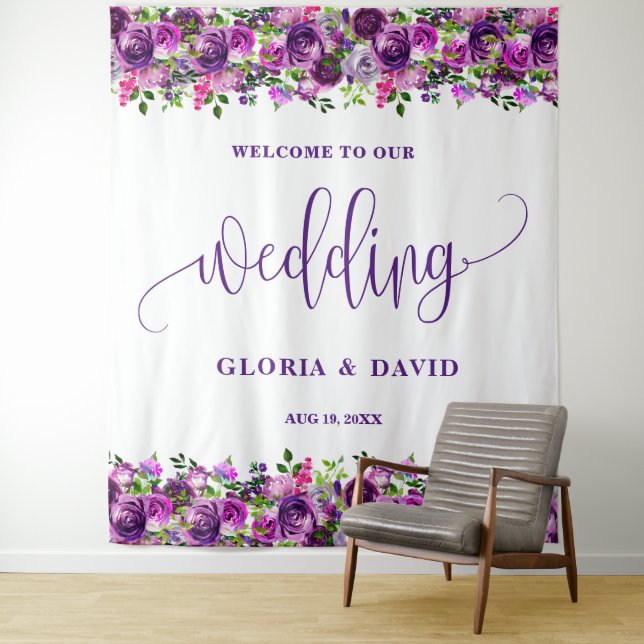 Tenture Romantique violet Mariage Floral Affiche de bienve (En situation)