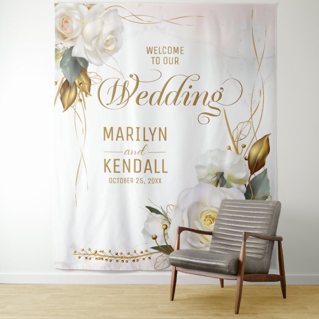 Tenture Rose blanche or romantique Mariage floral fond (En situation)