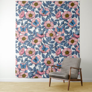 Tenture Rose de chien et papillons