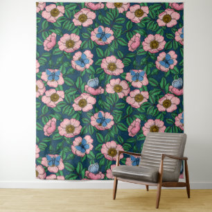 Tenture Rose de chien et papillons