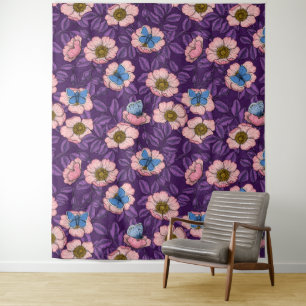 Tenture Rose de chien et papillons en rose et violet