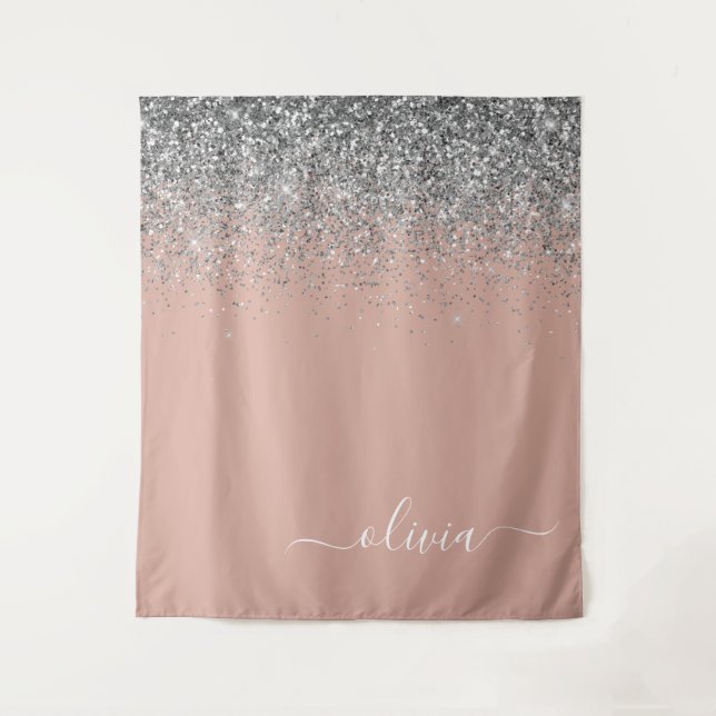 Tenture Rose Gold Blush Rose Argent Pailleté Monogramme Fé (Devant)
