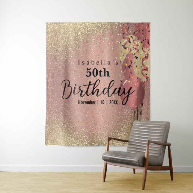 Tenture Rose Gold et Paillettes Dorées Anniversaire (En situation)