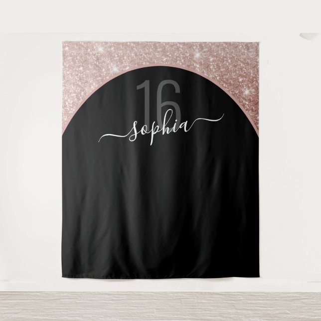 Tenture Rose Gold Glitter Arch personnalisé pour 16 ans (Devant)