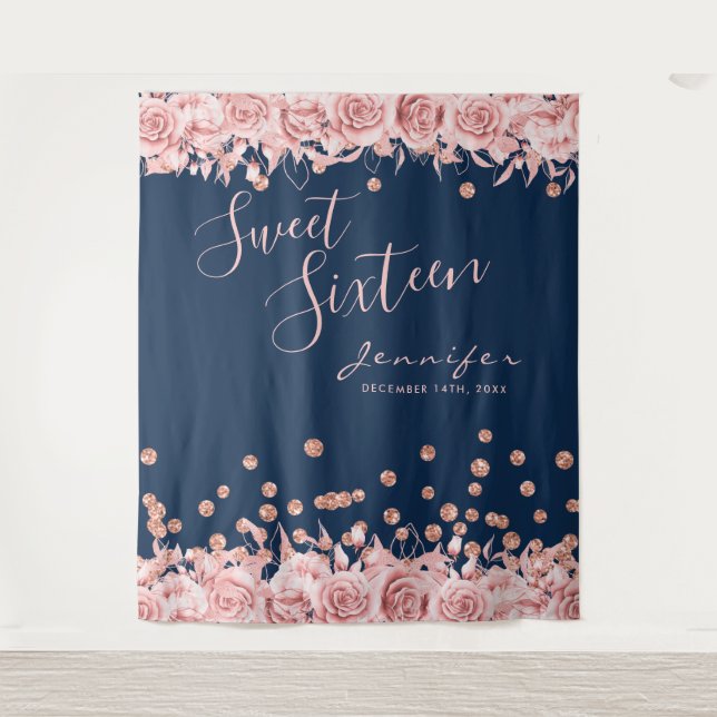 Tenture Rose Gold Navy Sweet 16 Pailletés Confetti Floral (Devant)