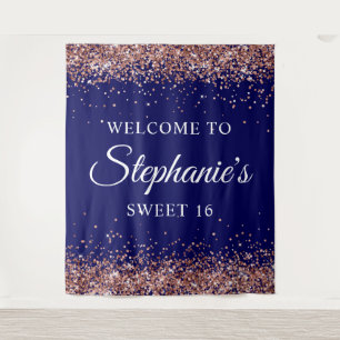 Tenture Rose Gold Pailleté Bleu Nuit Bienvenue à Sweet 16