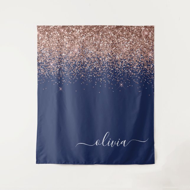 Tenture Rose Gold Pailleté Monogramme Rose Clair Bleu Mari (Devant)