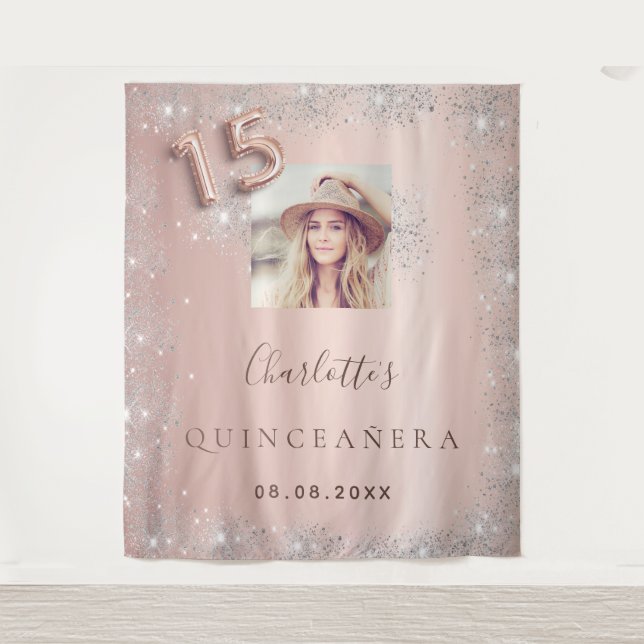 Tenture Rose gold Quinceanera photo pailleté argenté (Devant)