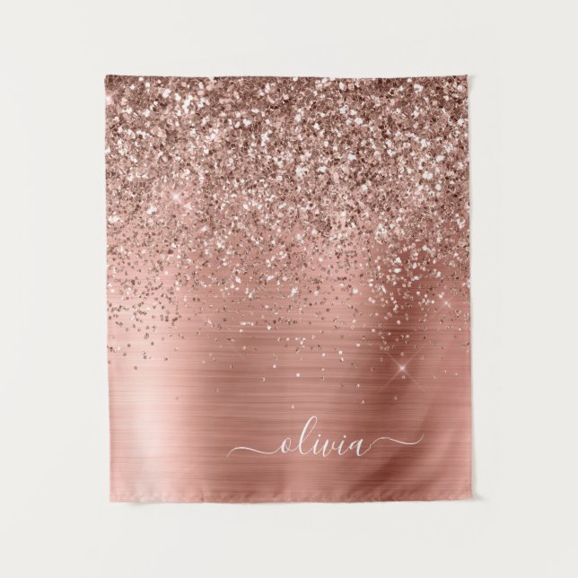 Tenture Rose Gold Rose Glitter Monogrammé Métal Brossé (Devant)