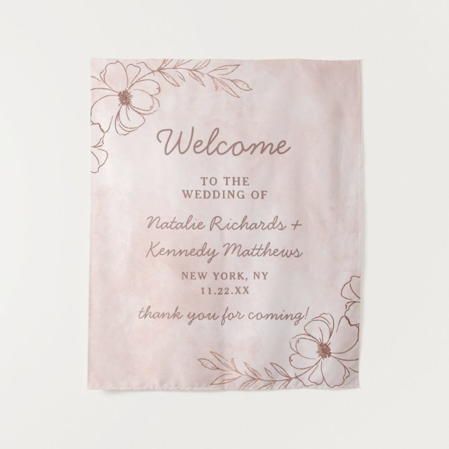 Tenture Rose Pâle et Doré Rose Feuille Florale Mariage Bie (Devant)
