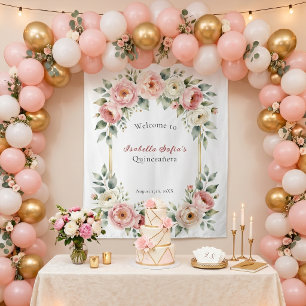 Tenture Rose Pâle Floral Géométrique Or Quinceañera