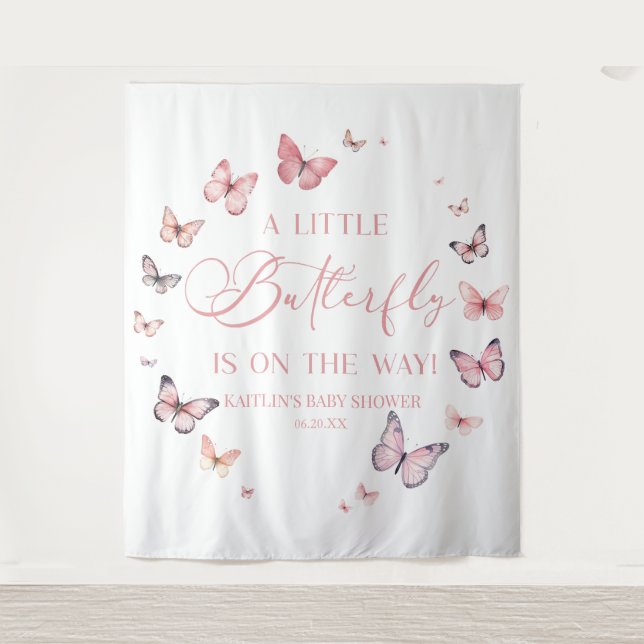 Tenture Rose Un Petit Papillon Sur Le Chemin Baby shower (Devant)
