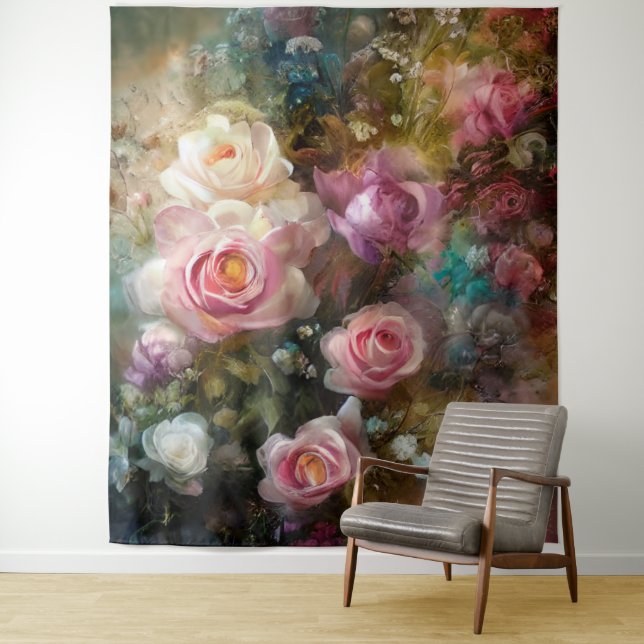 Tenture Roses peintes blanches et roses vintage douces (En situation)