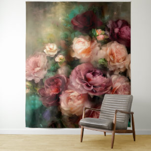 Tenture Roses peintes vintage rose pâle et burgundy