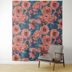 Tenture Roses roses avec feuilles bleus sur bleu