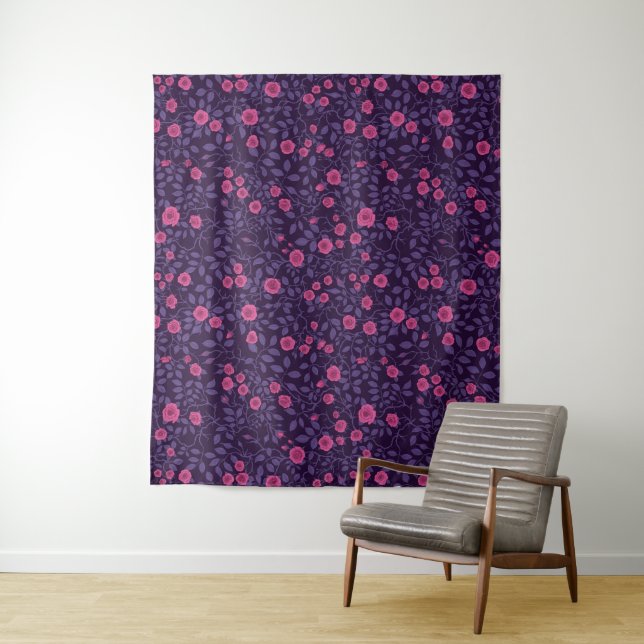 Tenture Roses sauvages en rose et violet (En situation)